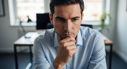 Man thinking in office during daytime while focused on a task at hand