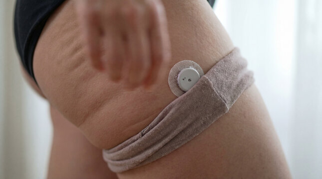 Close-up of a woman with a glucose monitor on her thigh, highlighting the use of wearable technology for personal health monitoring and biohacking. Image made using Generative AI.