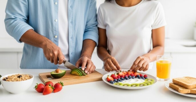 Couple prepares healthy breakfast with fruits and cereal on kitchen counter