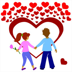 Vector illustration of a boy and girl with hearts in the background. Use it as an element for your postcard design and much more.
