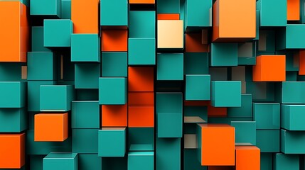 Fototapeta premium Collection of assorted teal and orange cubes in a three-dimensional abstract geometric pattern and background design