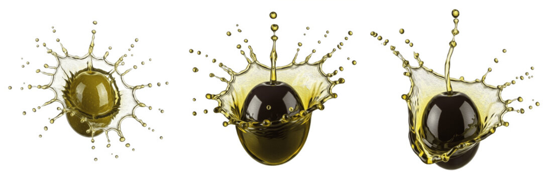 Fresh olive fruit with olive juice splash explosion isolated on white background, high speed liquid splash photography, olive juice concept for beverages and packaging, Olea europaea PNG