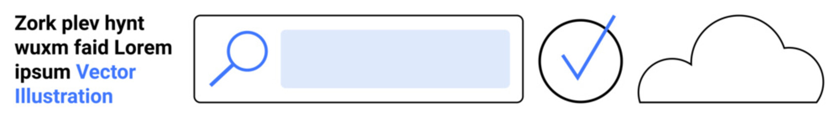 Obraz premium Web interface design, data validation, cloud storage, online search, digital tools, user accessibility. A magnifying glass, search bar checkmark and cloud. Web design and data validation concepts
