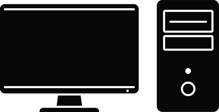 Black silhouette vector illustration of desktop computer setup with monitor and tower case, technology hardware icon for digital design