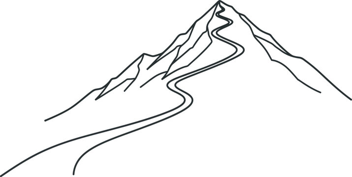 Minimalist black line art illustration depicting a winding road ascending a rugged mountain peak in a simple yet elegant vector graphic style.