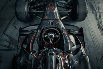 Top-down view of a futuristic single-seater race car cockpit with exposed carbon fiber, steering wheel controls and aerodynamic bodywork, showcasing motorsport engineering, symmetry