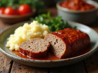 Meatloaf with Mashed Potatoes. A plate of sliced meatloaf served with mashed potatoes, garnished with green herbs.