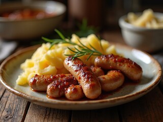 Sausages with Mashed Potatoes. A plate of sausages served with fluffy mashed potatoes and garnished with rosemary.