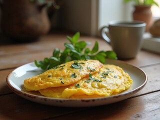 Omelet on a Plate. A plate of two folded omelets with herbs on a wooden table.