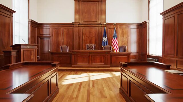 Empty courtroom interior with wooden panels and flags. Legal justice system concept for law and government. Criminal and civil case hearing.