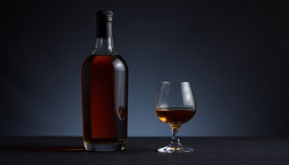 Bottle and Glass of Dark Liquid. A bottle of dark liquid alongside a glass, both placed on a dark surface.