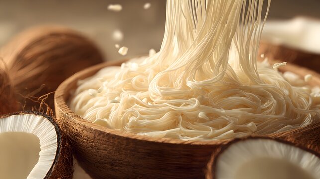 Mee kati visualized coconut infused noodles coated evenly creamy strands flowing freely clean professional stock photo cinematic realism ultra photorealistic no text no watermark