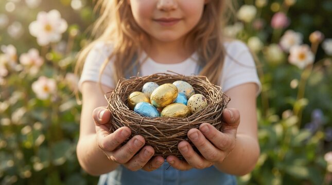 Happy little girl holding nest with chocolate Easter eggs in garden. Spring holiday celebration concept