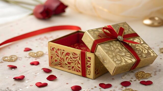 Elegant Gift Box with Embellishment: A golden gift box with red ribbon and rose, offering a sense of anticipation and affection, with rose petals around the box.