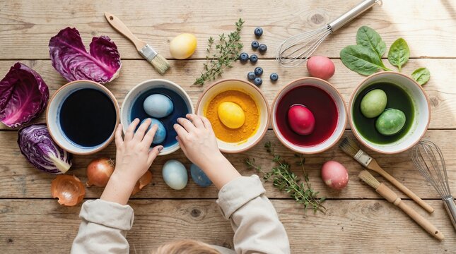 Flat lay of natural Easter egg dyeing process on wooden table. Child hands dipping eggs into organic vegetable dyes. DIY sustainable holiday craft