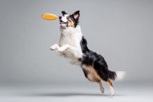 Action studio photography. Border Collie dog jumping to catch a frisbee. Mid air freeze frame. Flying fur. Energetic. Grey background.
