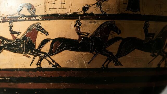 Cinematic macro recreation of an ancient Greek battle scene on black-figure pottery