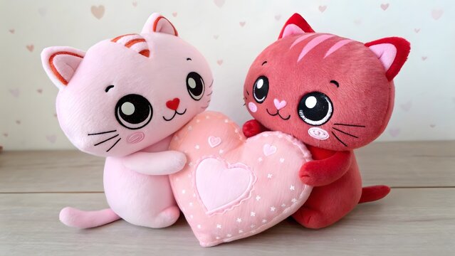Cuddly Companions and Heartfelt Affection: Two endearing plush kittens, one pink and the other red, embrace a soft, heart-shaped pillow, radiating warmth and affection.