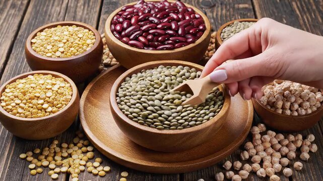 Assortment of Healthy Legumes and Pulses in Wooden Bowls on Rustic Table