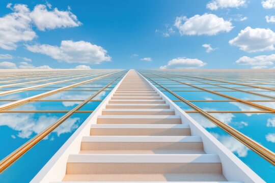 Conceptual photography of the glass ceiling effect, low angle view of a corporate ladder going up but blocked by a transparent glass barrier, blue sky