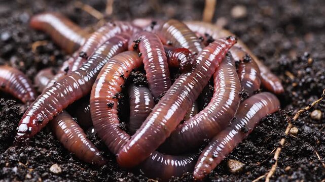 Red wiggler worms wriggling in dark rich soil. Composting earthworms for organic gardening and vermiculture. Natural fertilizer concept.