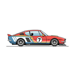 Vintage Racing Car Illustration: Red, Blue, Yellow, White Stripes, Number 7