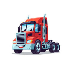 Happy Red Semi Truck with Smiling Face, Cartoon Style, Isolated on White Background
