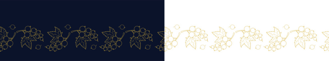 Luxury Gold Currant Wreaths and Seamless Borders Set on Dark Navy Blue and White Background. Isolated Botanical Outline Berries with Leaves Horizontal Template. Vector illustration