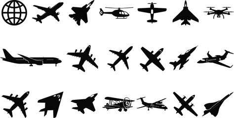 Black Aircraft Silhouettes Set Including Commercial Airplanes, Military Fighter Jets, Helicopters, Drones, Biplanes and Private Corporate Jets Isolated On White © KRISNARANI