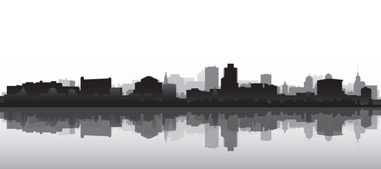 Black and white panoramic poster of the city skyline with misty background buildings and water reflection of CAPE TOWN, SOUTH AFRICA
