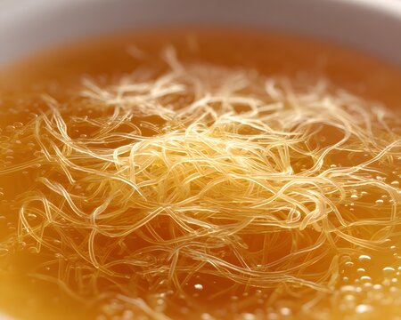 Beef broth vermicelli pasta illustrated clear liquid matrix suspending delicate noodle thread refined clarity clean professional stock photo cinematic realism ultra photorealistic no text no watermark