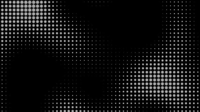 A black halftone background with white dots forming a pattern of varying density and a subtle gradient effect.