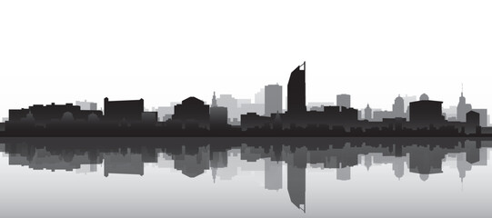 Black and white panoramic poster of the city skyline with misty background buildings and water reflection of THE HAGUE, NETHERLANDS