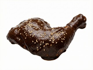 Mole poblano chicken leg glazed with rich dark chili chocolate sauce and sesame seeds