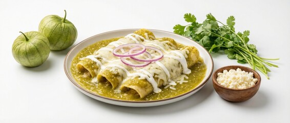 Enchiladas Verdes topped with melted cheese and sliced red onion on plate