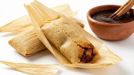 Tamales served with mole sauce and corn husks on clean white background