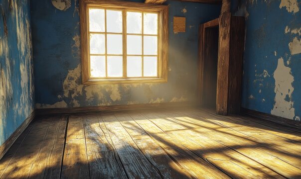 Abandoned room with peeling paint and worn wooden floors, illuminated by soft natural light filtering through a broken window, creating an eerie yet intriguing mood
