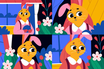 Naklejka premium Cute Easter bunny characters in flat style, featuring four distinct poses with colorful flowers and a window in a vibrant spring setting