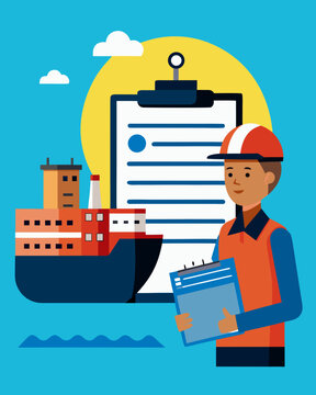Ship document inspection scene featuring a male inspector holding a clipboard with a tanker ship and checklist in the background against a blue backdrop