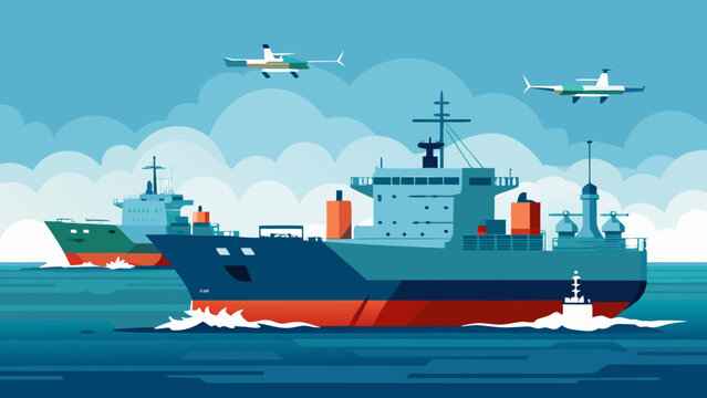 Oil tanker being intercepted by naval patrol ships in a maritime setting with aircraft and drones flying overhead and waves visible in the ocean
