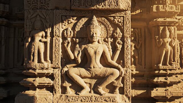 Ancient Stone Carving of a Multiarmed Deity on a Temple Facade with Dramatic Sunlight and Shadow Play Highlighting Intricate Details and Historic Architecture
