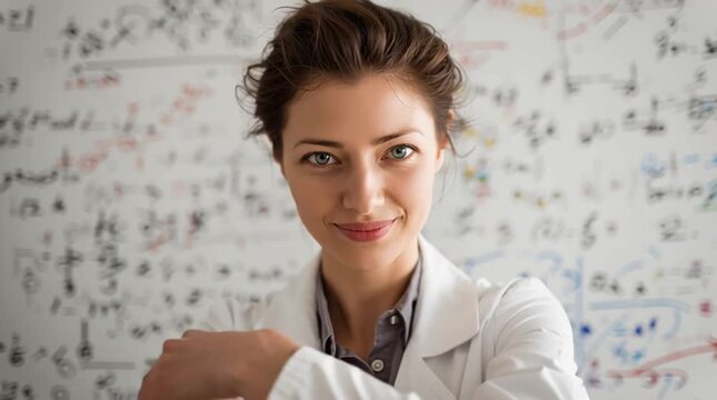 Scientist or student with eyes closed in front of a whiteboard full of complex mathematical formulas and equations