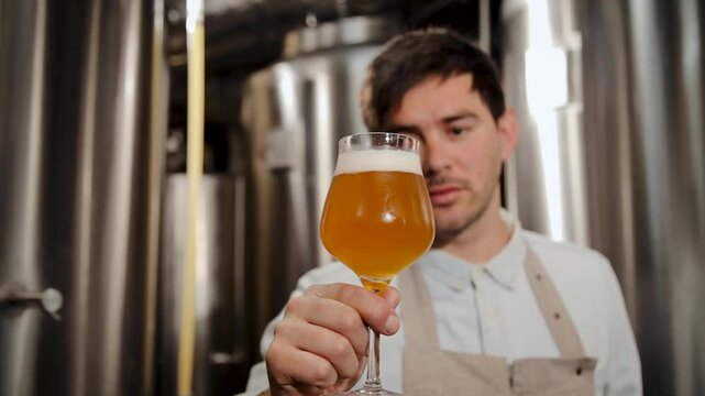 Brewer evaluating fresh light beer sample in stainless steel brewery environment