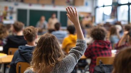 Fototapeta premium Student raising hand to ask question in busy classroom setting