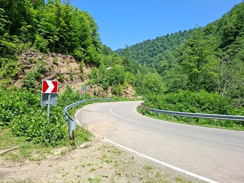 scenic mountain drive, a serpentine road winds through a dense, green landscape with sharp turn signs and a clear, blue sky