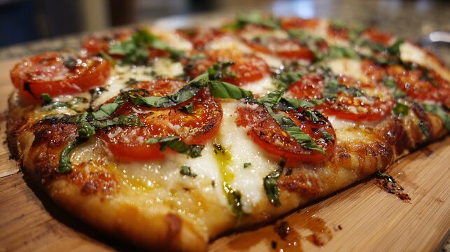 Close-up of freshly baked rectangular pizza with tomato, basil, and melted cheese on wooden board