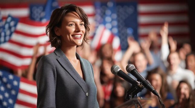 Smiling female politician waving while giving speech at podium with american flags and crowd