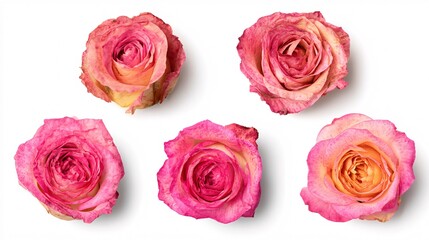 Five vibrant pink roses arranged on white background with natural lighting