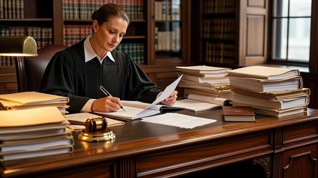 Female judge signing legal documents and writing notes against a law library backdrop
