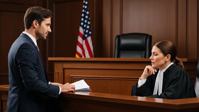 Attorney presenting evidence to a female judge against a courtroom background